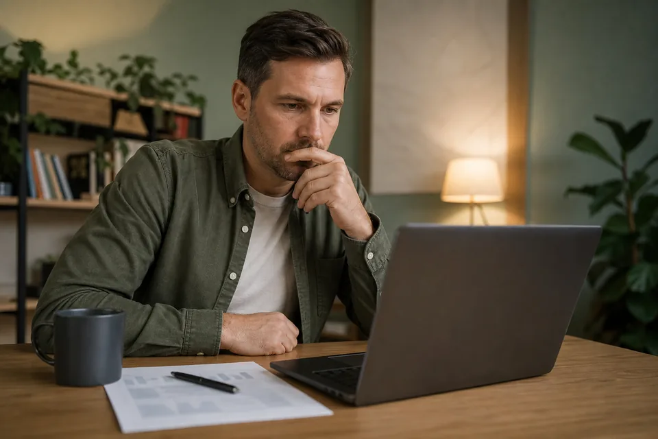 Mężczyzna przy biurku porównuje na laptopie pakiet medyczny i konsultację lekarską online